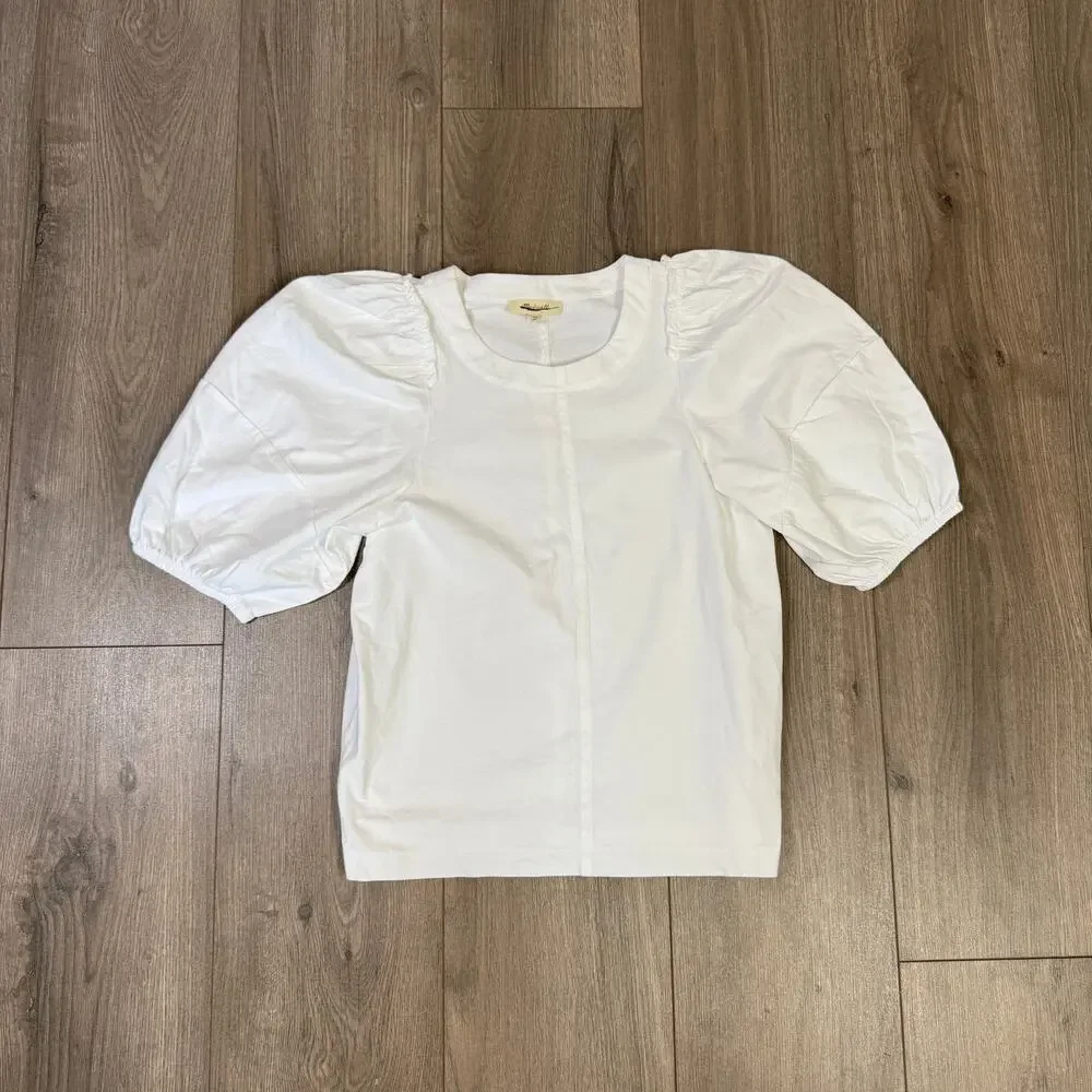Madewell Puff-Sleeve Tee WMNS XS White Crew Neck Cotton Relaxed Fit Ruffle Trim